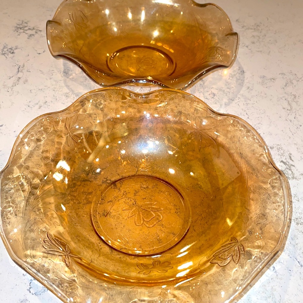 Pair of 2 LARGE Ruffled Edge Iridescent Amber Vintage Carnival Glass Bowls EUC